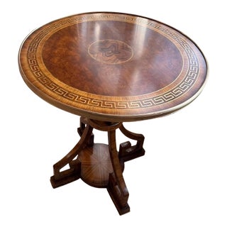 French Greek Key Round Side Tables, Brass, Burlwood,Set of 2 For Sale