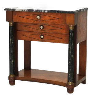 Biedermeier Three Drawer Burl, Faux Painted & Ebonized Marble Top Stand C1920