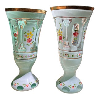 Antique Bohemian Blue Opaline Glass Goblets with Gilt Rim and Florals, Set of 2 For Sale