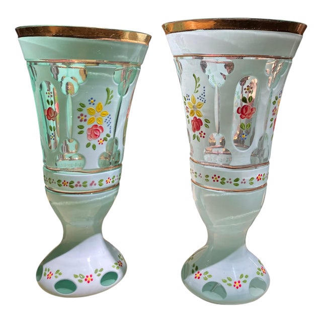 Antique Bohemian Blue Opaline Glass Goblets with Gilt Rim and Florals, Set of 2 For Sale