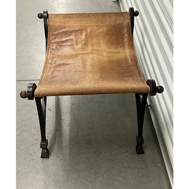Vintage Antique Leather Saddle Hand Forged Wrought Iron and Leather Bench Stool Seat. Rare! Excellent Craftsmanship from...