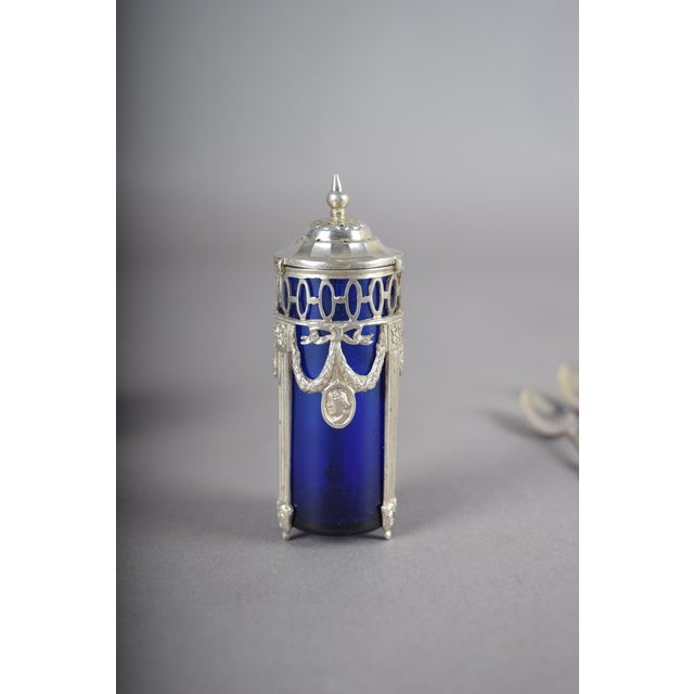 Blue Antique Silver-Mounted Cobalt Blue Glass Condiment Set, 1900, Set of 7 For Sale - Image 8 of 18