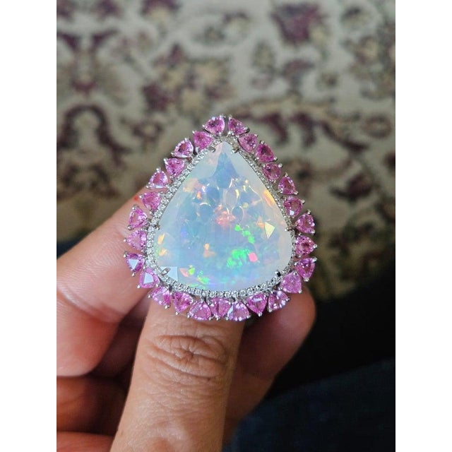 29.59 Carat Ethiopian Opal, Pink Sapphire & Diamond Cocktail Ring/ Pendant Necklace, Size 6 For Sale - Image 16 of 16