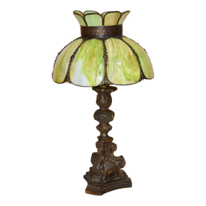 Early 20th Century Victorian Art Nouveau Slag Glass Shade & Italian Baroque Pricket Stick Lamp