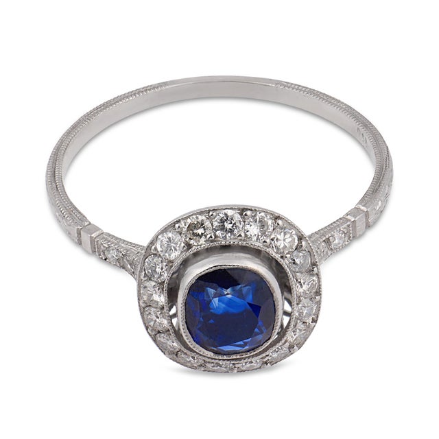 Contemporary Early 20th Century Art Deco Inspired Sapphire Diamond Cluster Platinum Ring, Size 7.5 For Sale - Image 3 of 6
