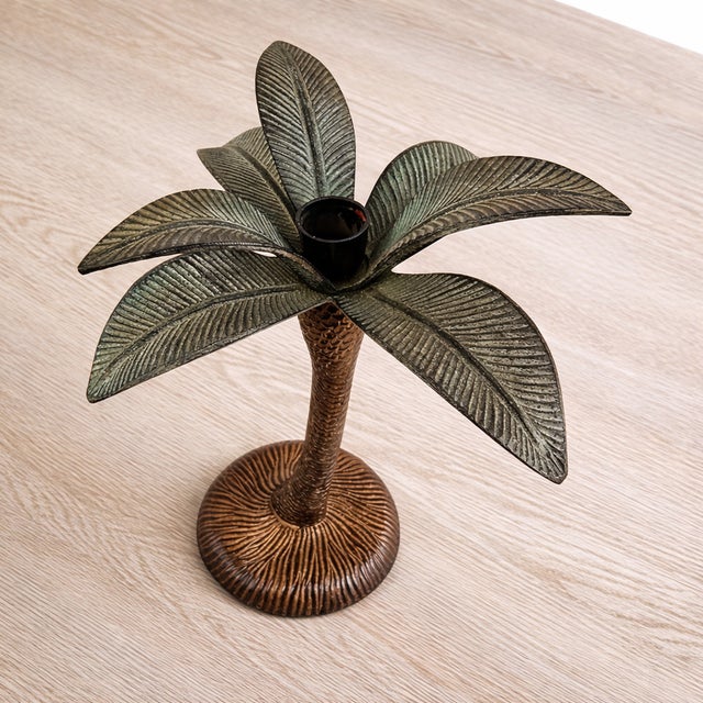 Hollywood Regency Vintage Hollywood Regency Palm Tree Candlestick With Verdigris Patina For Sale - Image 3 of 6
