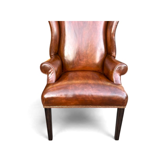 Pair of Vintage Cognac Leather Wingback Chairs With Louis XVI–Style Fluted Legs For Sale - Image 11 of 11