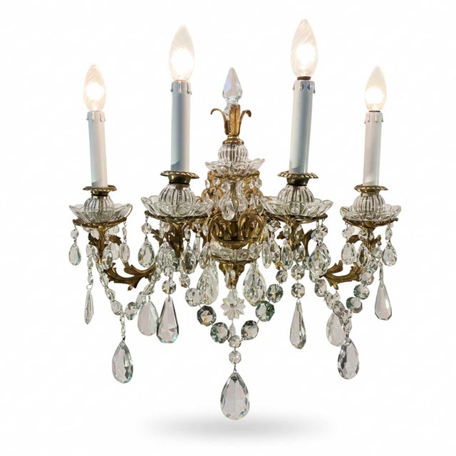 Metal Four-Light Crystal and Bronze Wall Lamps, 1900s, Set of 2 For Sale - Image 7 of 9