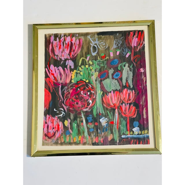 Abstract modern mixed media on brown paper painting signed and Framed.