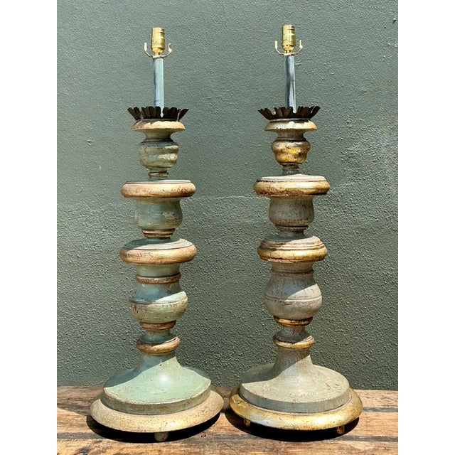 Hollywood Regency Vintage Italian Gilt Tipped Turned Wood Lamps - Pair For Sale - Image 3 of 17