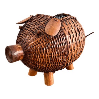 1970's Boho Chic Wicker and Bamboo Pig Basket For Sale