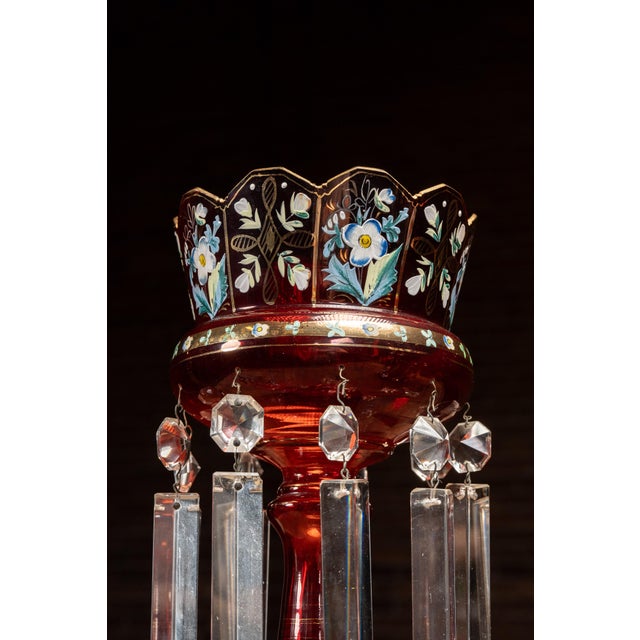 Ruby Red Pair of 19th Century Bohemian Ruby Glass Mantle Lusters With Prisms For Sale - Image 8 of 10