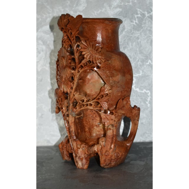 Antique Chinese Carved Floral & Bird Soapstone Vase For Sale In Philadelphia - Image 6 of 12