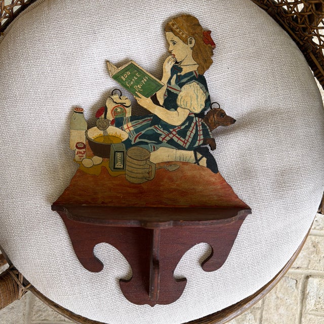 Vintage Hand Painted Folk Art Wooden Kitchen Shelf Featuring Girl Baking With Dog For Sale In New York - Image 6 of 10