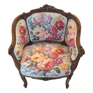 Louis XV Style Antique French Begere Featuring Vintage Floral Twill Upholstery Fabric For Sale