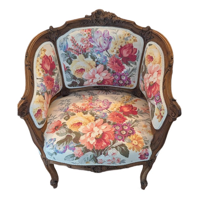 Louis XV Style Antique French Begere Featuring Vintage Floral Twill Upholstery Fabric For Sale