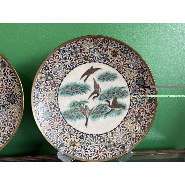 Pair of Japanese Cloisonne Enamel Plates Chargers Ducks Pastel Floral Borders For Sale - Image 4 of 18