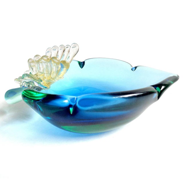 Murano Murano Sommerso Blue Gold Flecks Butterfly Italian Art Glass Vintage Decorative Leaf Shape Bowl For Sale - Image 4 of 5