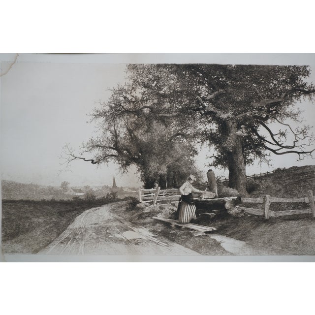 Antique Ernest C Rost Woman at Trough Panoramic Country Landscape Etching 22" For Sale - Image 6 of 11