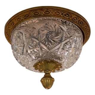 Small Vintage French Style Bronze & Crystal Dome Ceiling Fixture For Sale