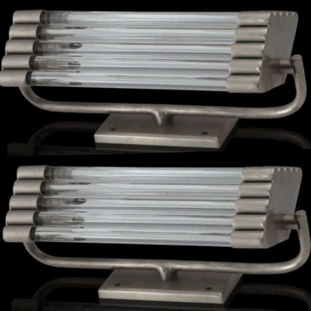 Art Deco 1940s Art Deco Nickel Brass & Glass Rod Wall Sconces - Set of 2 For Sale - Image 3 of 3