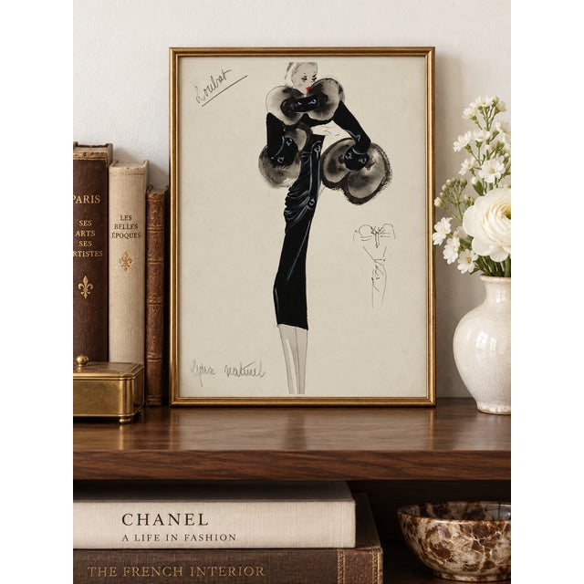 Bunny Williams Home Vintage French Fashion Art Print – Black Coat With Statement Fur Trim, 12" X 16" For Sale - Image 4 of 9