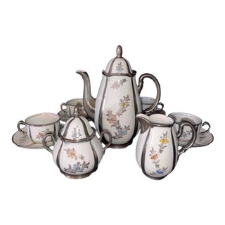 1930s Rudolf Wachter Bavaria Coffee Service, Floral W/ Sterling Trim - Set of 11 For Sale