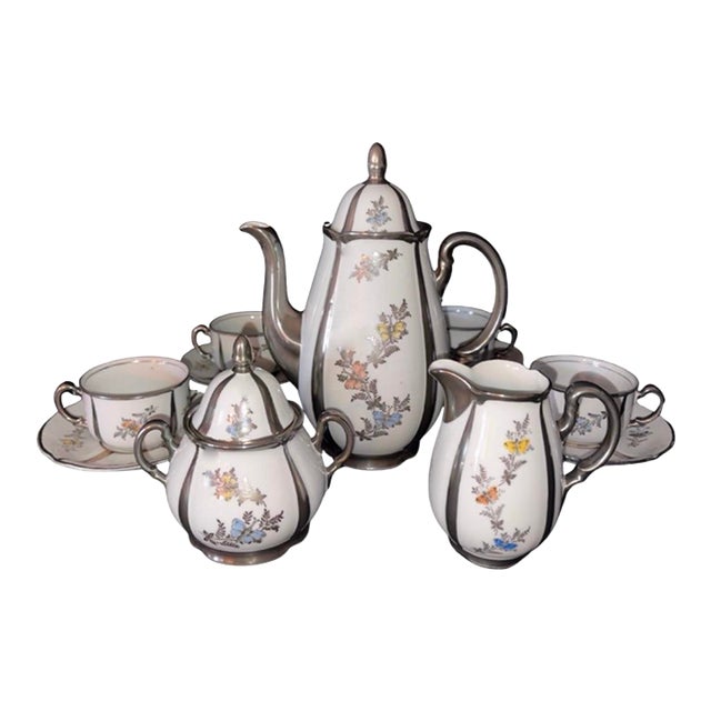 1930s Rudolf Wachter Bavaria Coffee Service, Floral W/ Sterling Trim - Set of 11 For Sale
