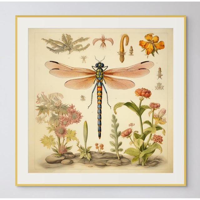 Campaign 24' X 24' - 'Dragonfly and Flowers' # 3 - Original Watercolor Botanical Print - Hortus Floridus Style For Sale - Image 3 of 4