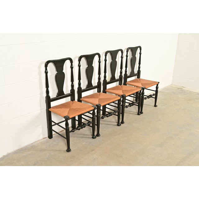Eldred Wheeler Eldred Wheeler Early American Green Lacquered Rush Seat Dining Chairs, Set of Four For Sale - Image 4 of 12