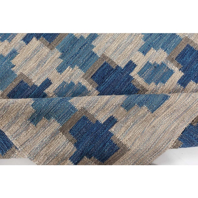 Modern Swedish Flat Weave Wool Rug – Blue Cross Geometric Pattern by Doris Leslie Blau Size: 4'2" × 6'2" (127 × 187 cm)...