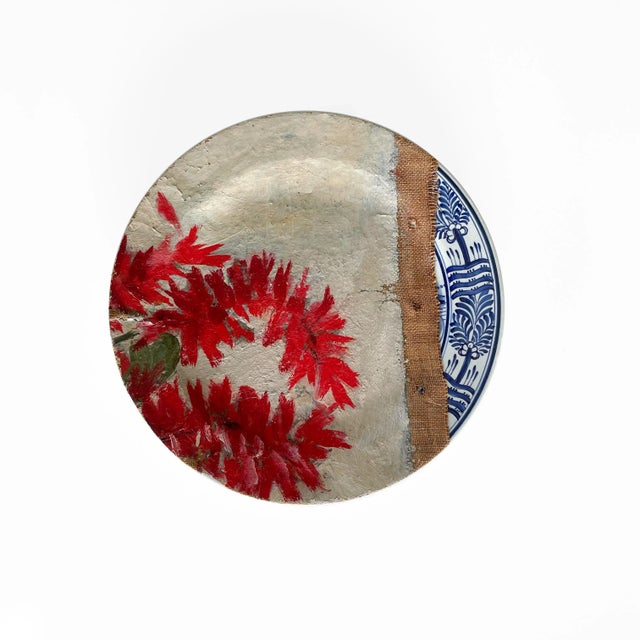 Contemporary Installation of Ceramic Plates and Oil on Canvas - "Bouquet With Red Salvia" - Set of 9 For Sale - Image 6 of 12