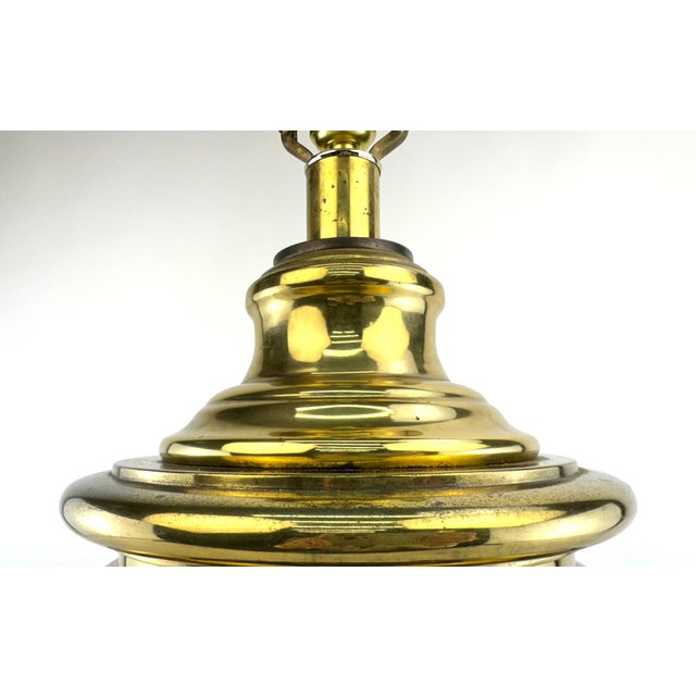 Brass Mid 20th Century Hollywood Regency Chinoiserie Brass Table Lamp With Embossed Landscape Motif on Wood Base For Sale - Image 8 of 13