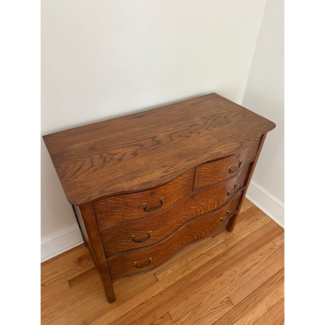 Antique Tiger Oak Serpentine Chest of Drawers With Mirror For Sale - Image 6 of 11
