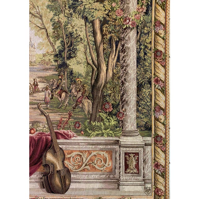 Textile French Château Landscape Jacquard Woven Tapestry With Carriage & Courtly Scene For Sale - Image 7 of 11