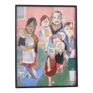 Late 20th Century Modernist Expressionist Style Portrait Acrylic Painting of a Family by Robert Casper, Framed For Sale