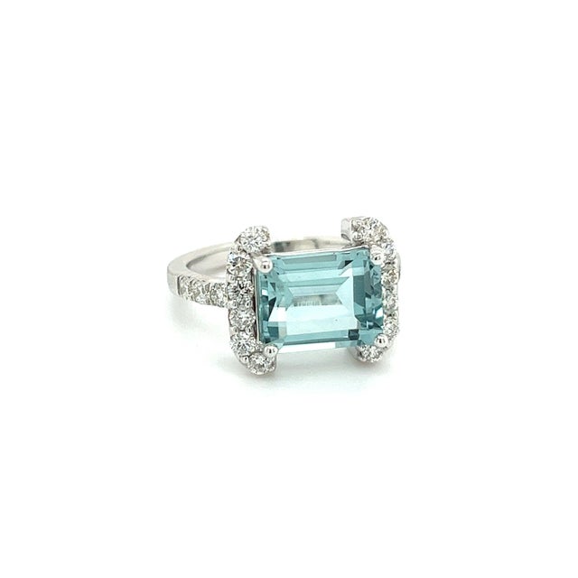 Natural Aquamarine Diamond Ring 6.5 14k white Gold 6.09 TCW Certified For Sale - Image 10 of 12