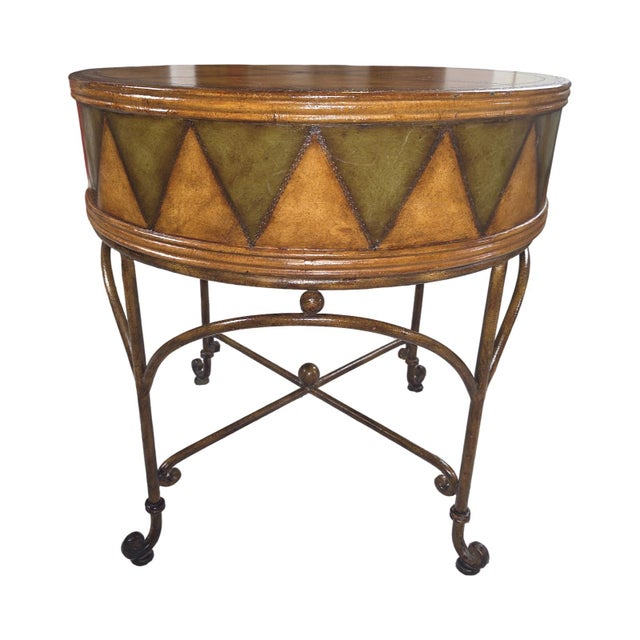 Spanish Revival Butler Specialty Co. Hand-Painted Tooled Leather & Iron Drum Accent Table For Sale - Image 3 of 9