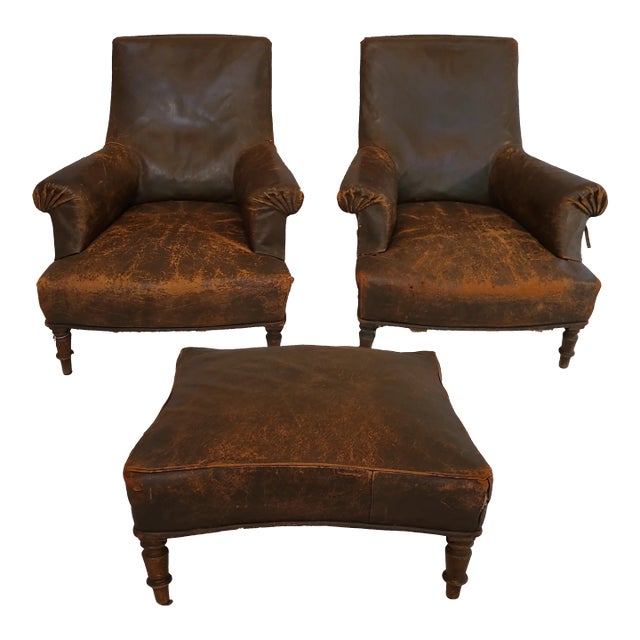 Early 20th Century 2 French Leather Club Chairs With Ottoman For Sale