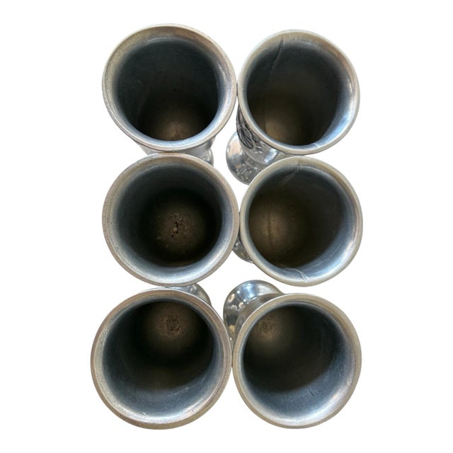 Mid-Century Modern Vintage American Is Century Modern Pewter-Tone Sunburst Medallion Water Goblets – Set of 6 For Sale - Image 3 of 9