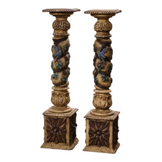 Pair of 18th Century French Carved Polychrome Pedestals With Birds & Grapevines For Sale