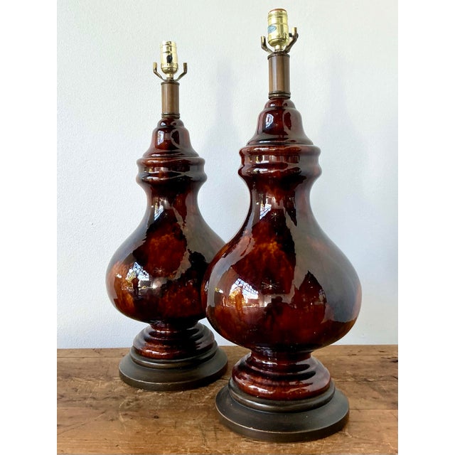 Sienna Vintage Boho Chocolate Glazed Ceramic Lamps - A Pair For Sale - Image 8 of 12