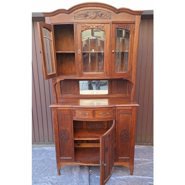 Metal Antique 2-Piece Dining Room Buffet in Oak with Polished Glass Panes, 1920s For Sale - Image 7 of 9