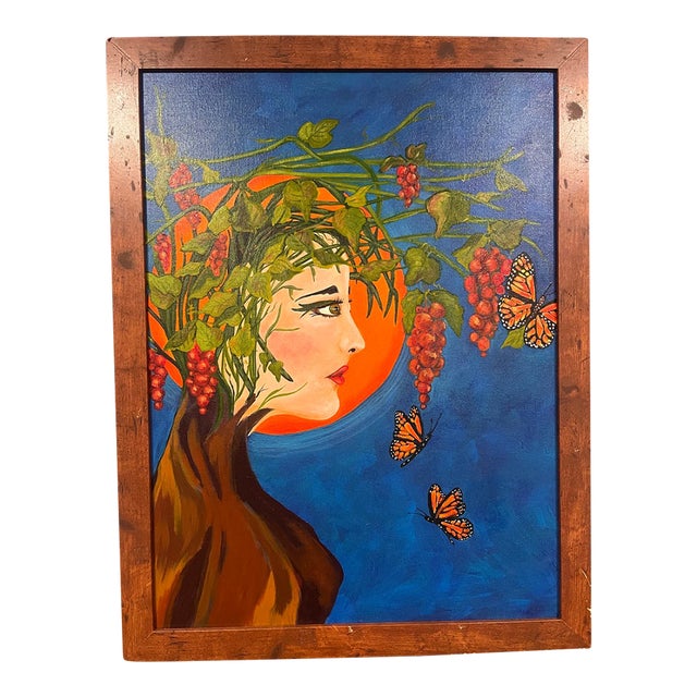 1990s– Woman With Grapes & Butterflies – Original Figurative Artwork For Sale