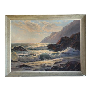 Mid-Century Coastal Oil Painting by Bertha Larson in Rustic Frame For Sale
