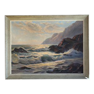 Mid-Century Coastal Oil Painting by Bertha Larson in Rustic Frame