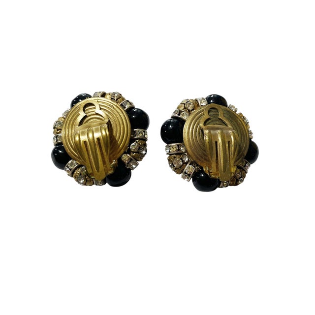 Vintage Mid-Century Faux Diamond & Beige and Black Pearls Cluster Clip-on Earrings For Sale - Image 4 of 4