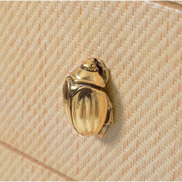 Tan Matthew Izzo Home Fortune Natural Grasscloth Three Drawer Side Table With Brass Beetle Knobs For Sale - Image 8 of 12