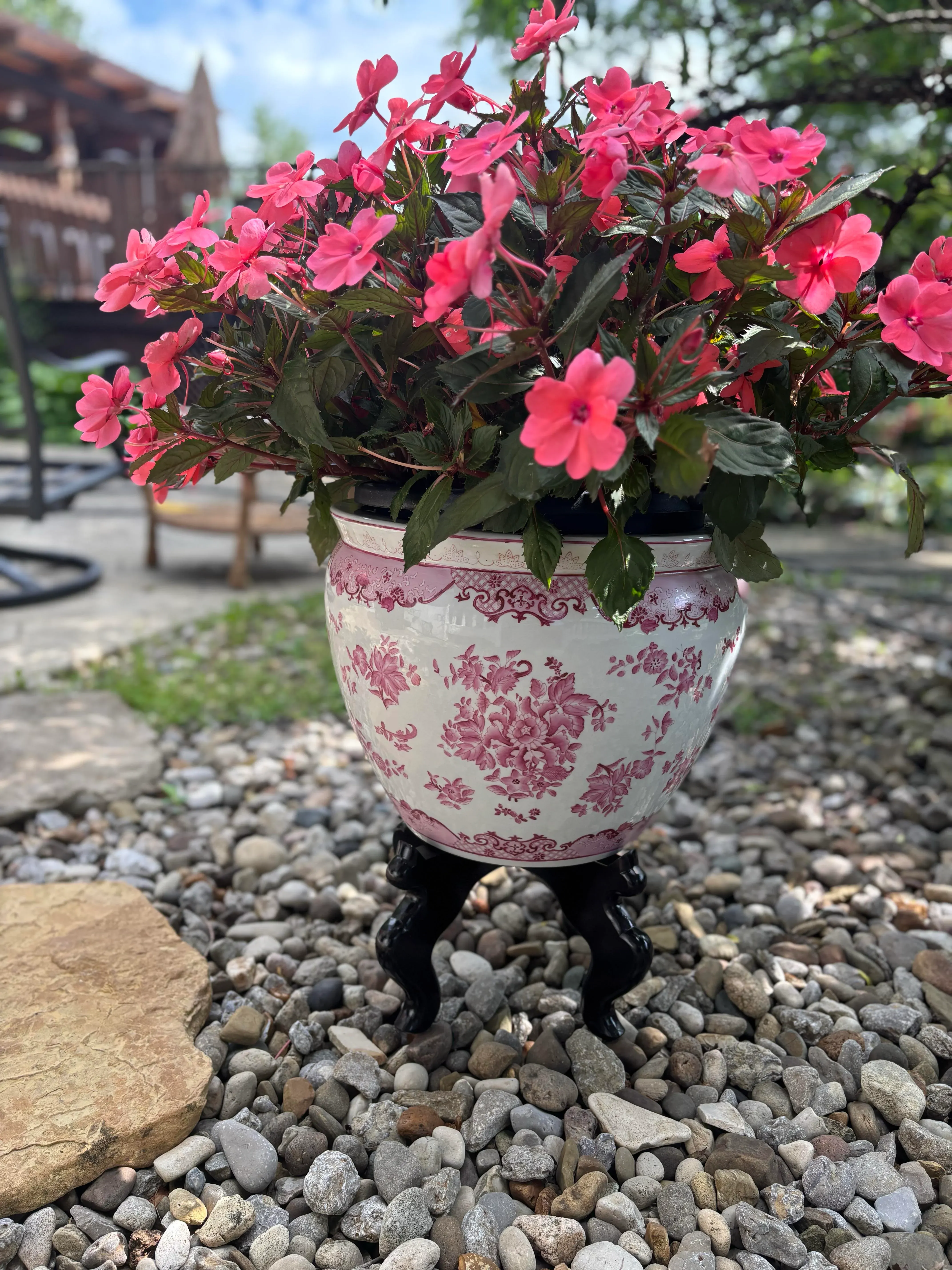 Vintage Chinese Pink Floral Fish Bowl Planter on Black Stand