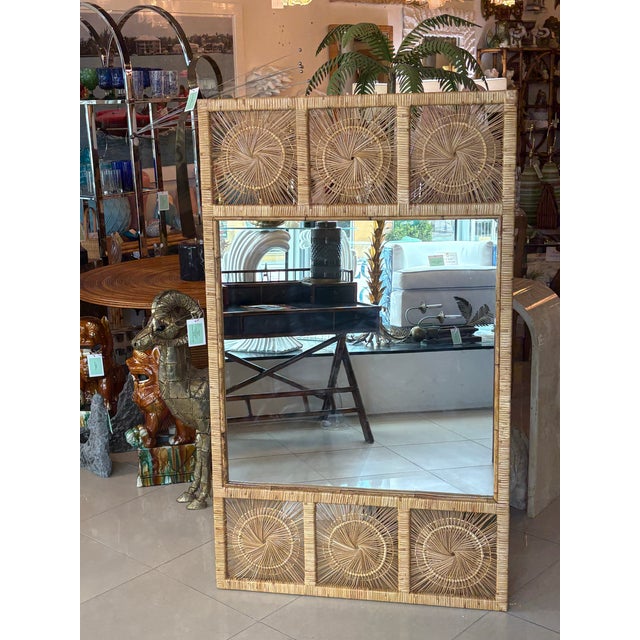 Vintage Palm Beach Spun Woven Wicker Rattan Sunburst Starburst Wall Mirror Large For Sale - Image 10 of 11